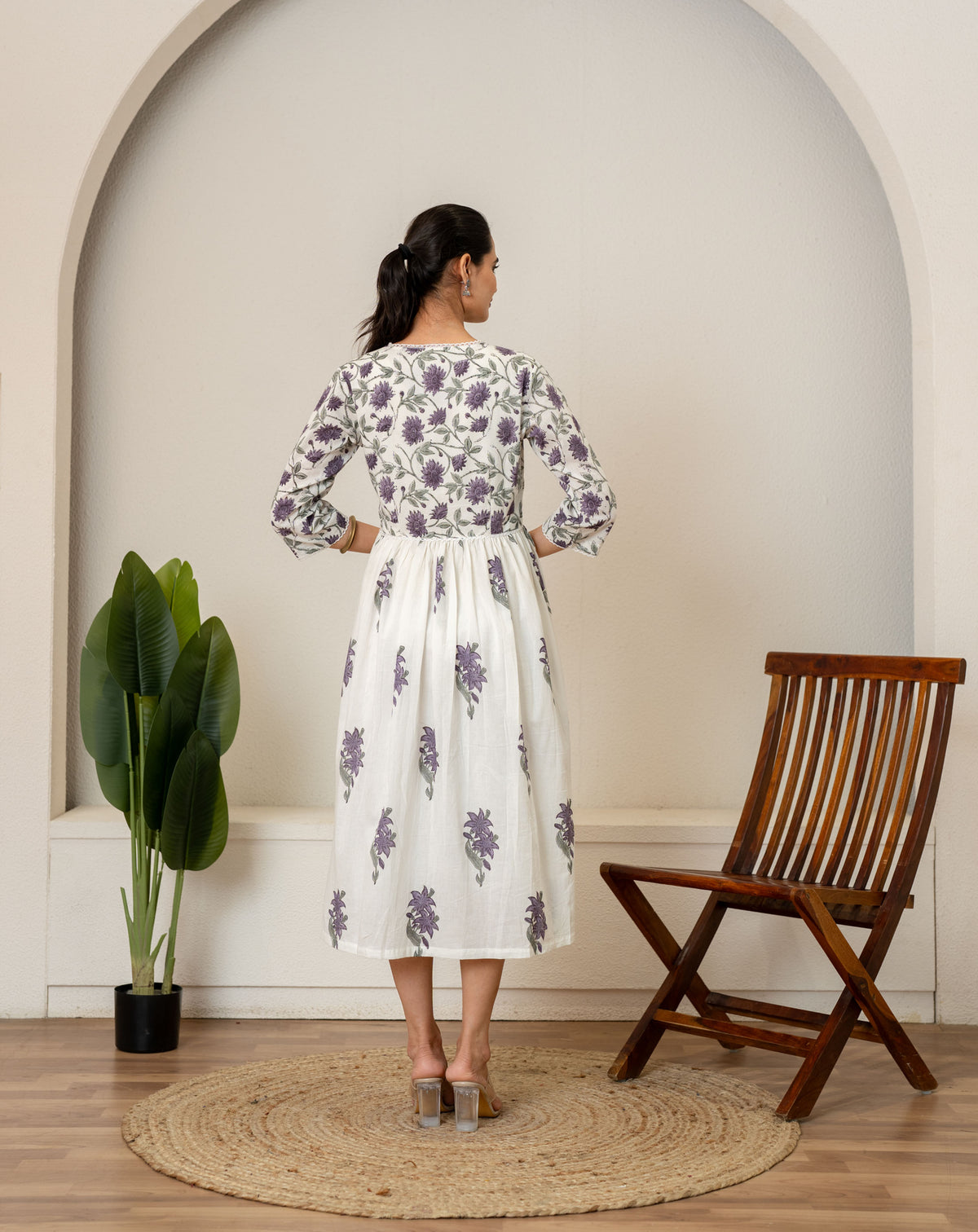 Off White Lavender Hand Block Printed Cotton Dress
