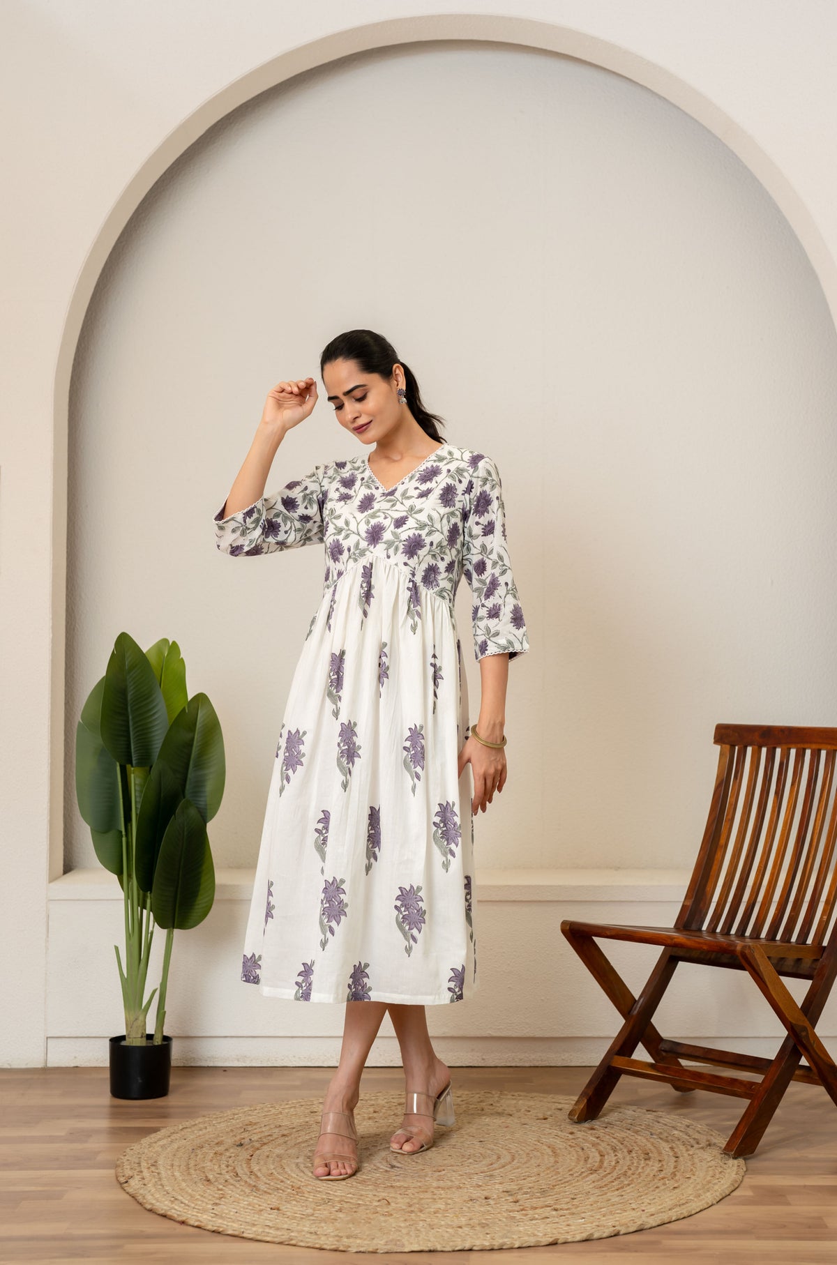 Off White Lavender Hand Block Printed Cotton Dress