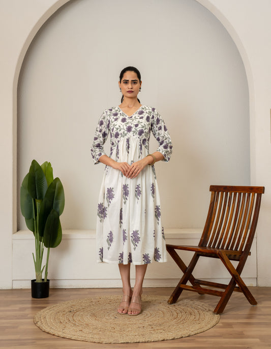 Off White Lavender Hand Block Printed Cotton Dress