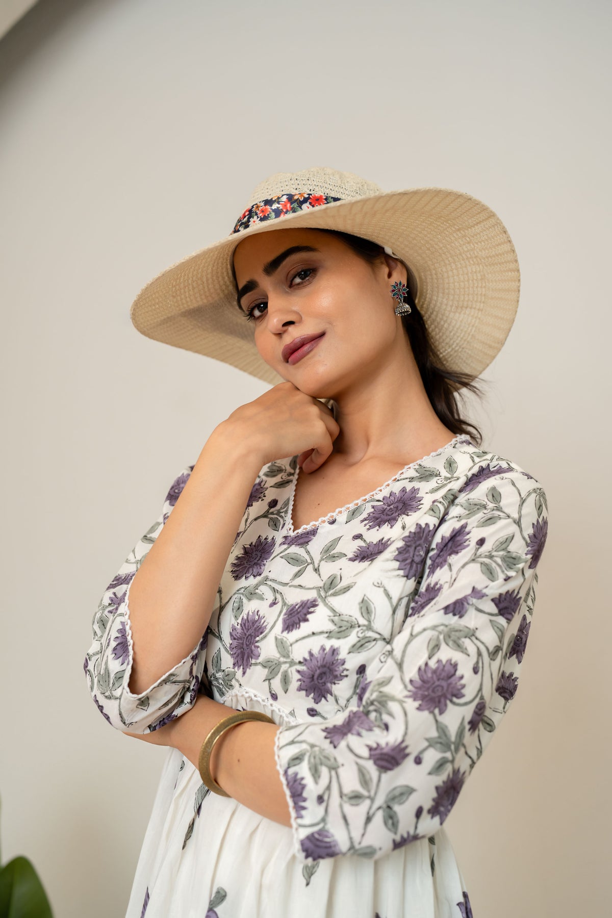 Off White Lavender Hand Block Printed Cotton Dress