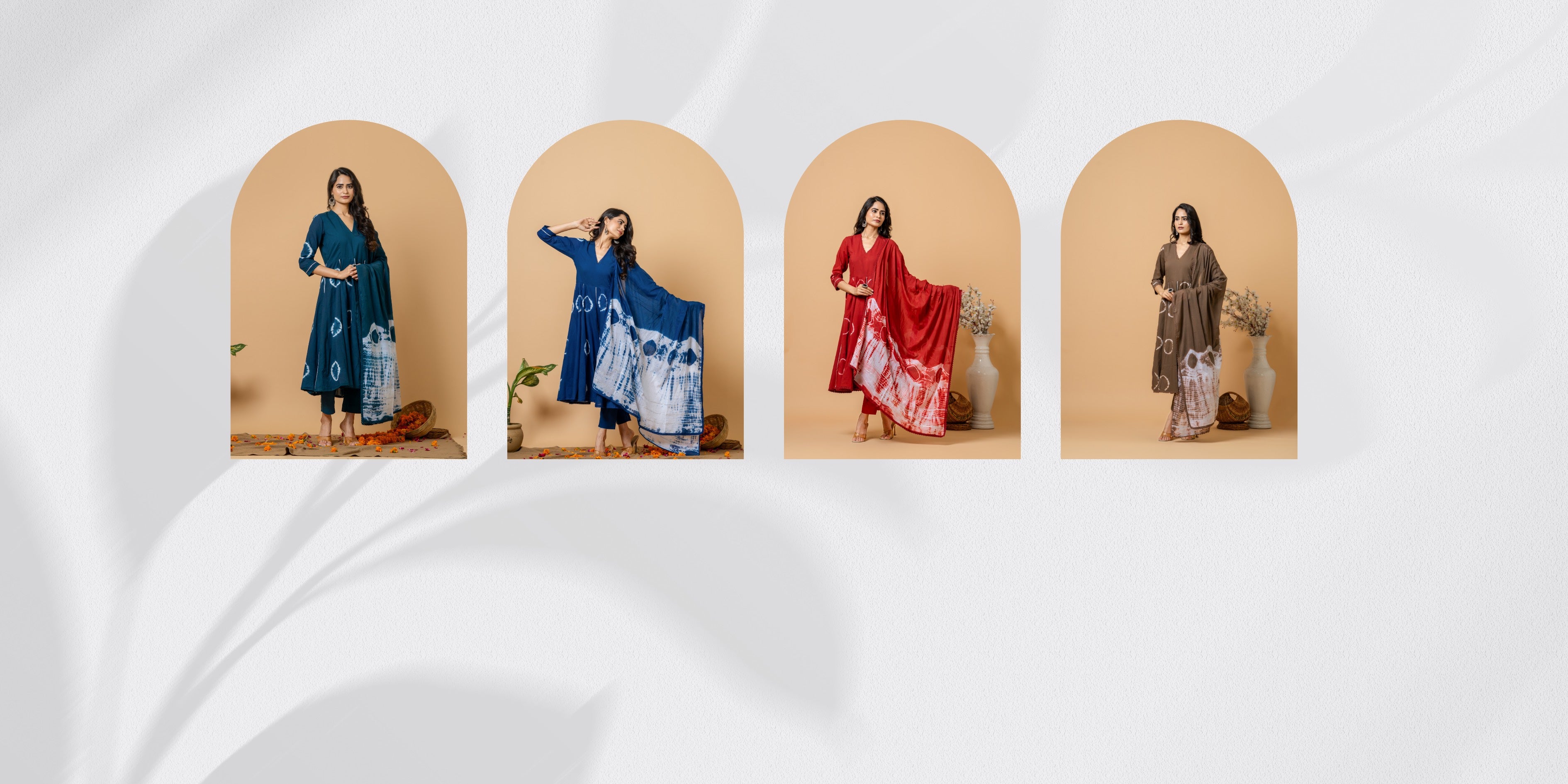 Four women in different traditional outfits displayed in arched frames against a white background
