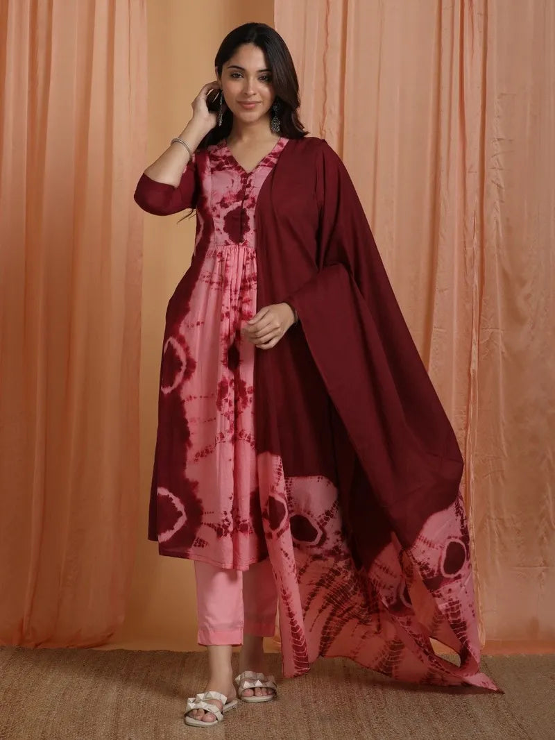 pink tie‑and‑dye cotton mulmul suit set front view