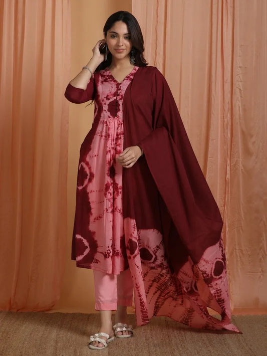 pink tie‑and‑dye cotton mulmul suit set front view