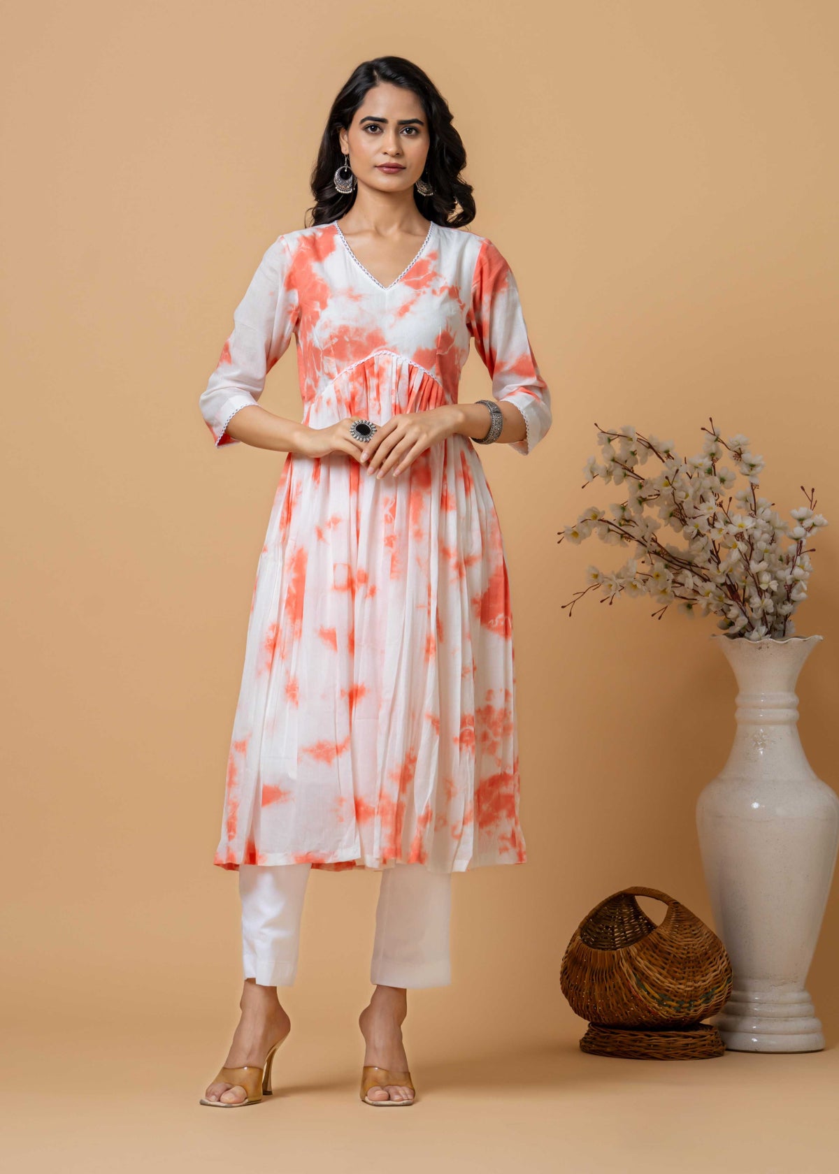 peach tie-dye cotton kurta set front view