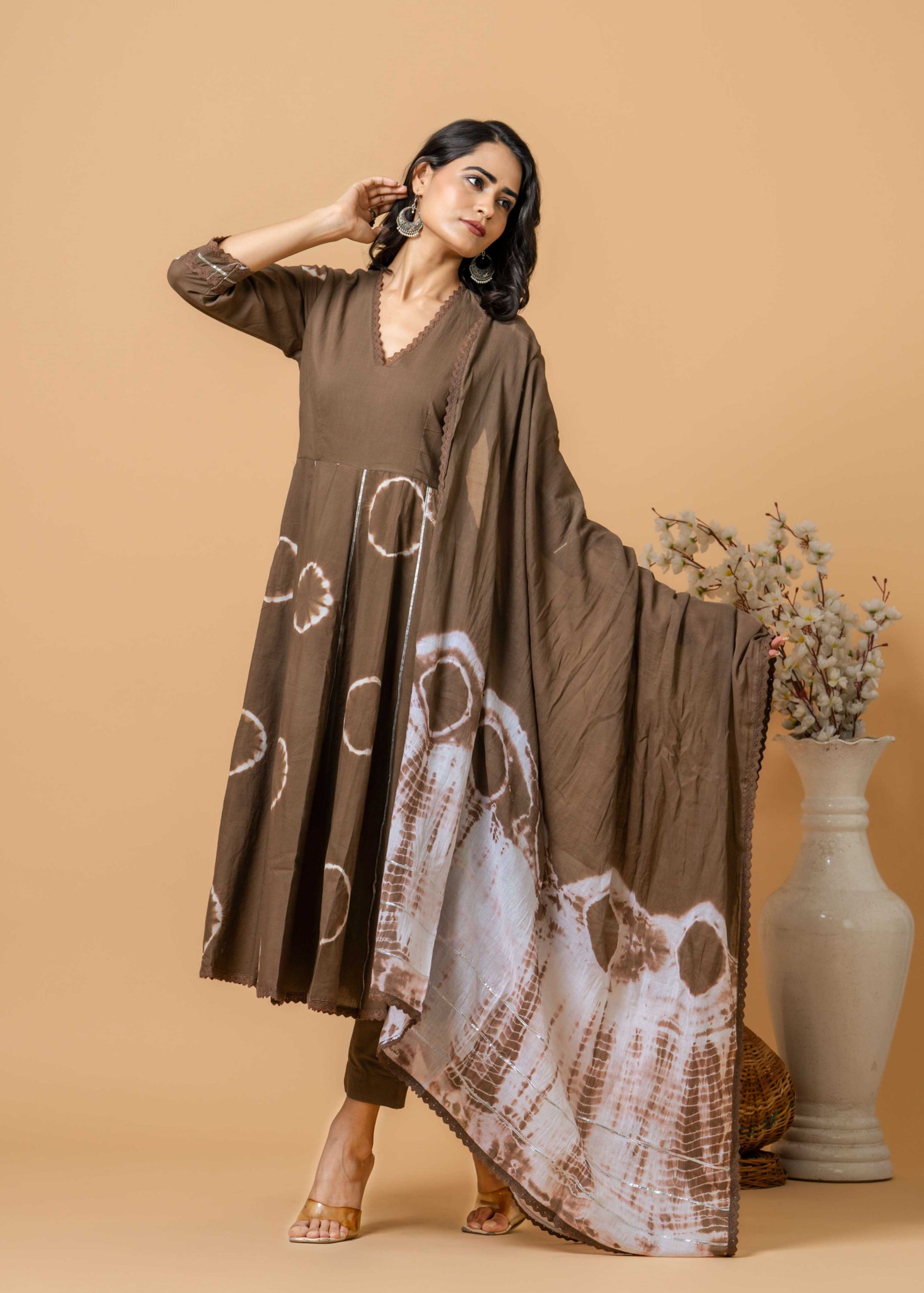 handcrafted kurta pant dupatta set in brown