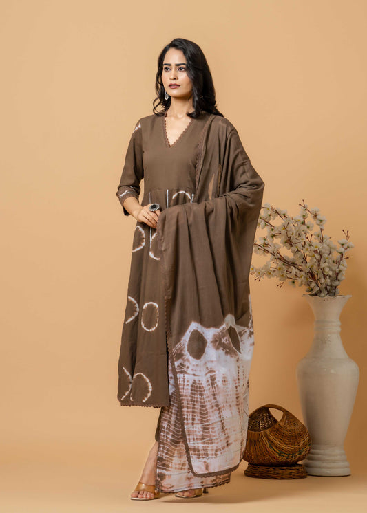 brown tie-dye cotton suit set front view