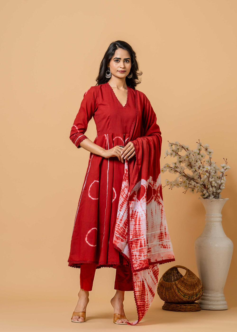 red tie-dye cotton suit set front view