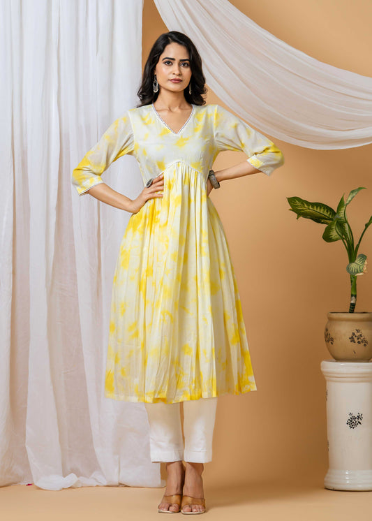 yellow tie-dye cotton kurta set front view