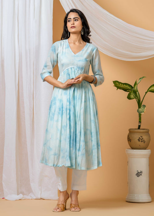 blue tie-dye cotton kurta set front view