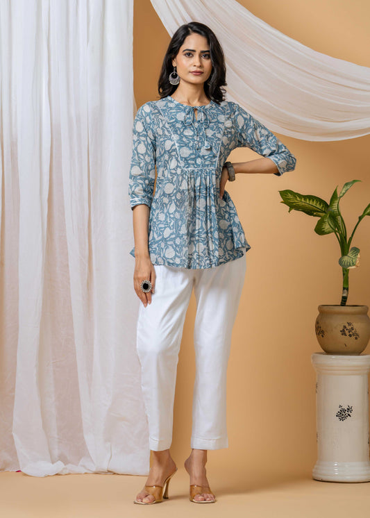 blue floral hand block printed co-ord set front view