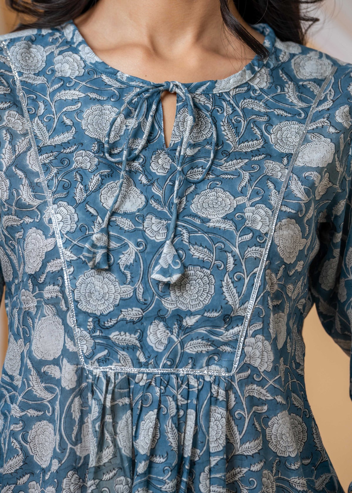 close-up of blue hand block floral print