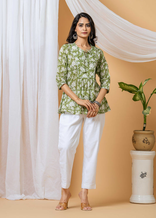 green floral hand block printed cotton co-ord set front view