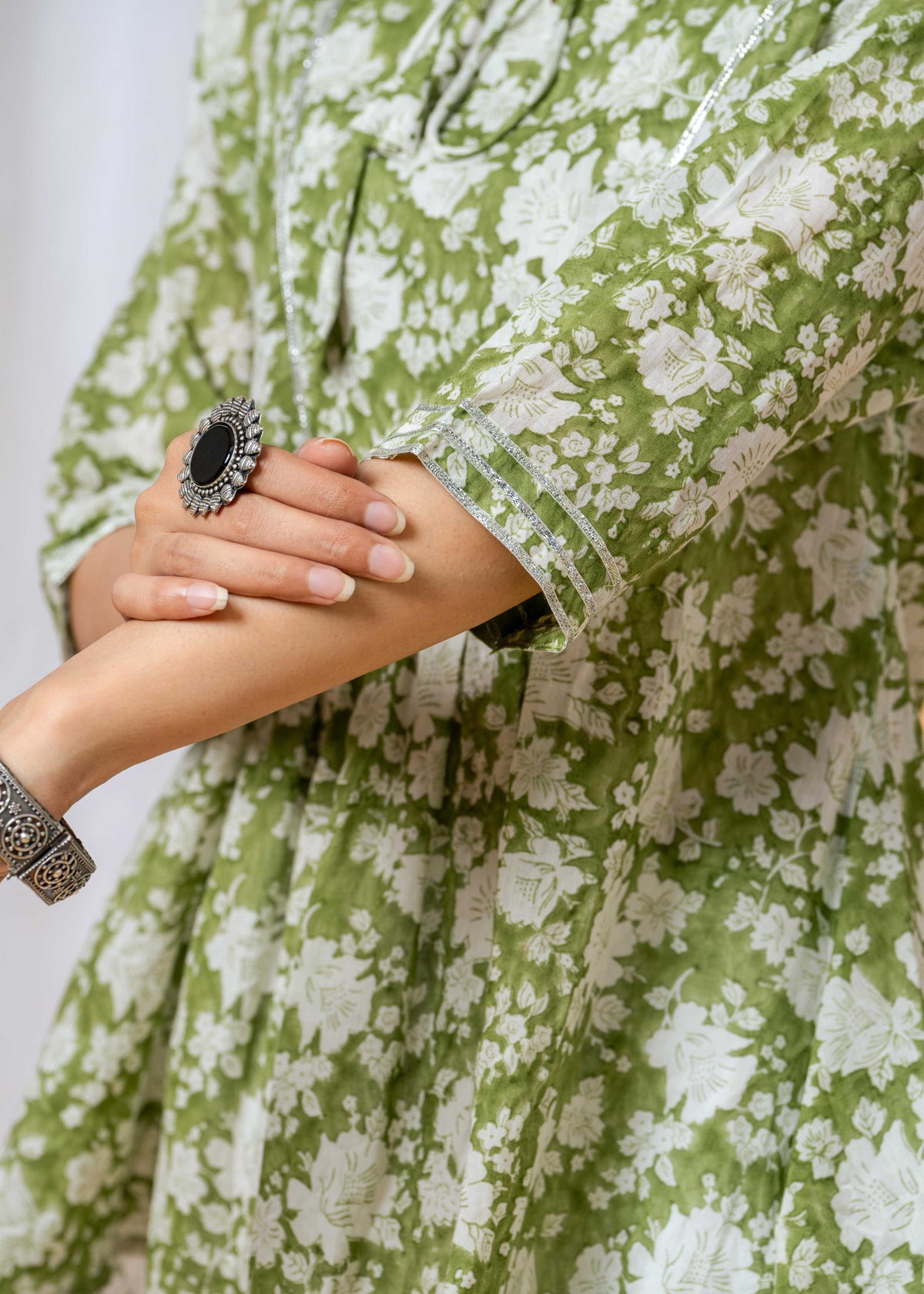 close-up of hand block printed floral motifs