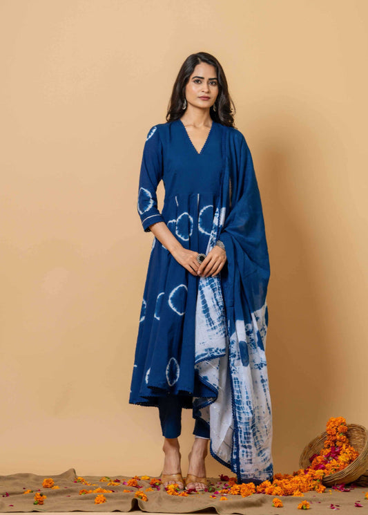 blue tie-dye cotton suit set with dupatta