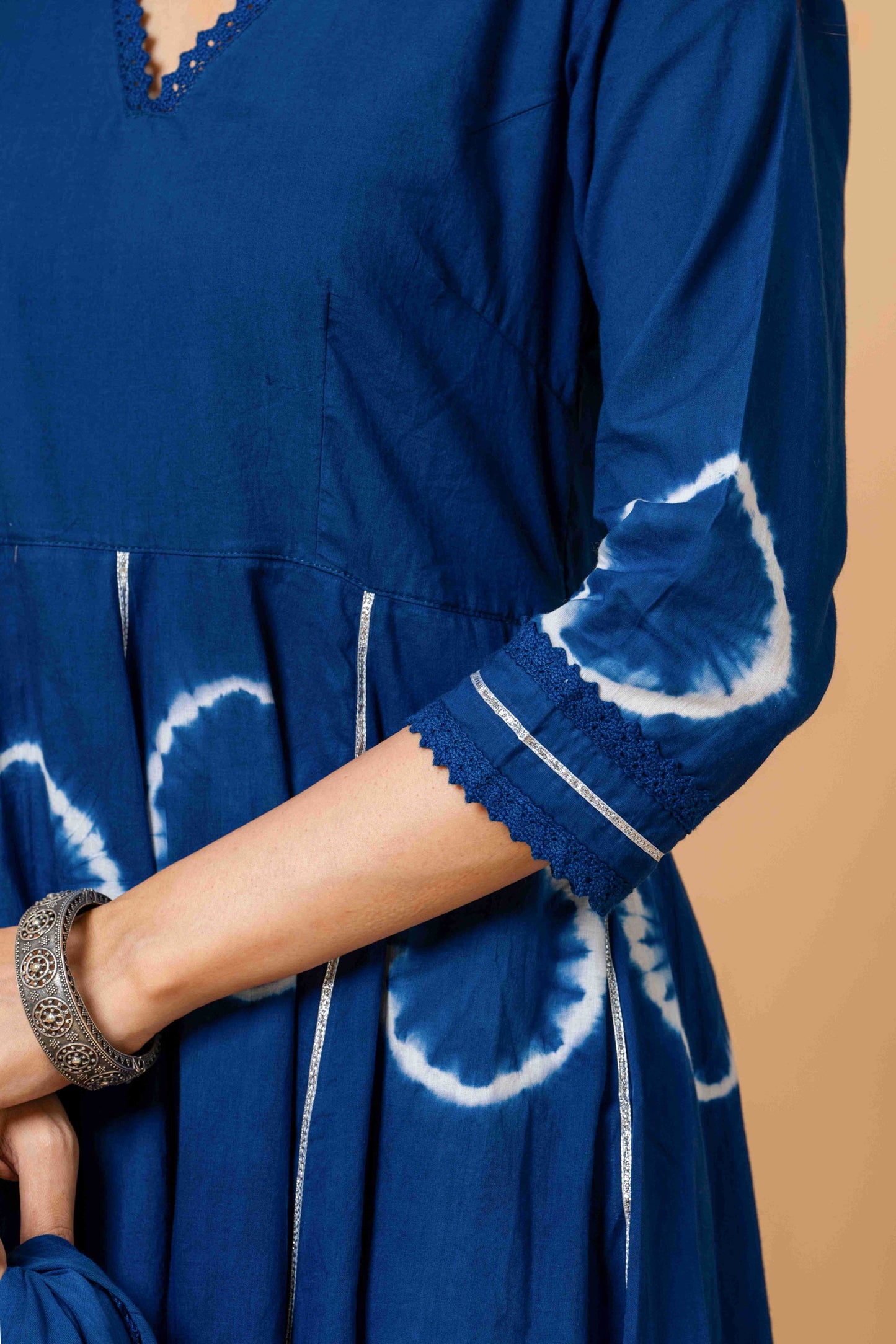 close-up of hand-dyed blue cotton fabric