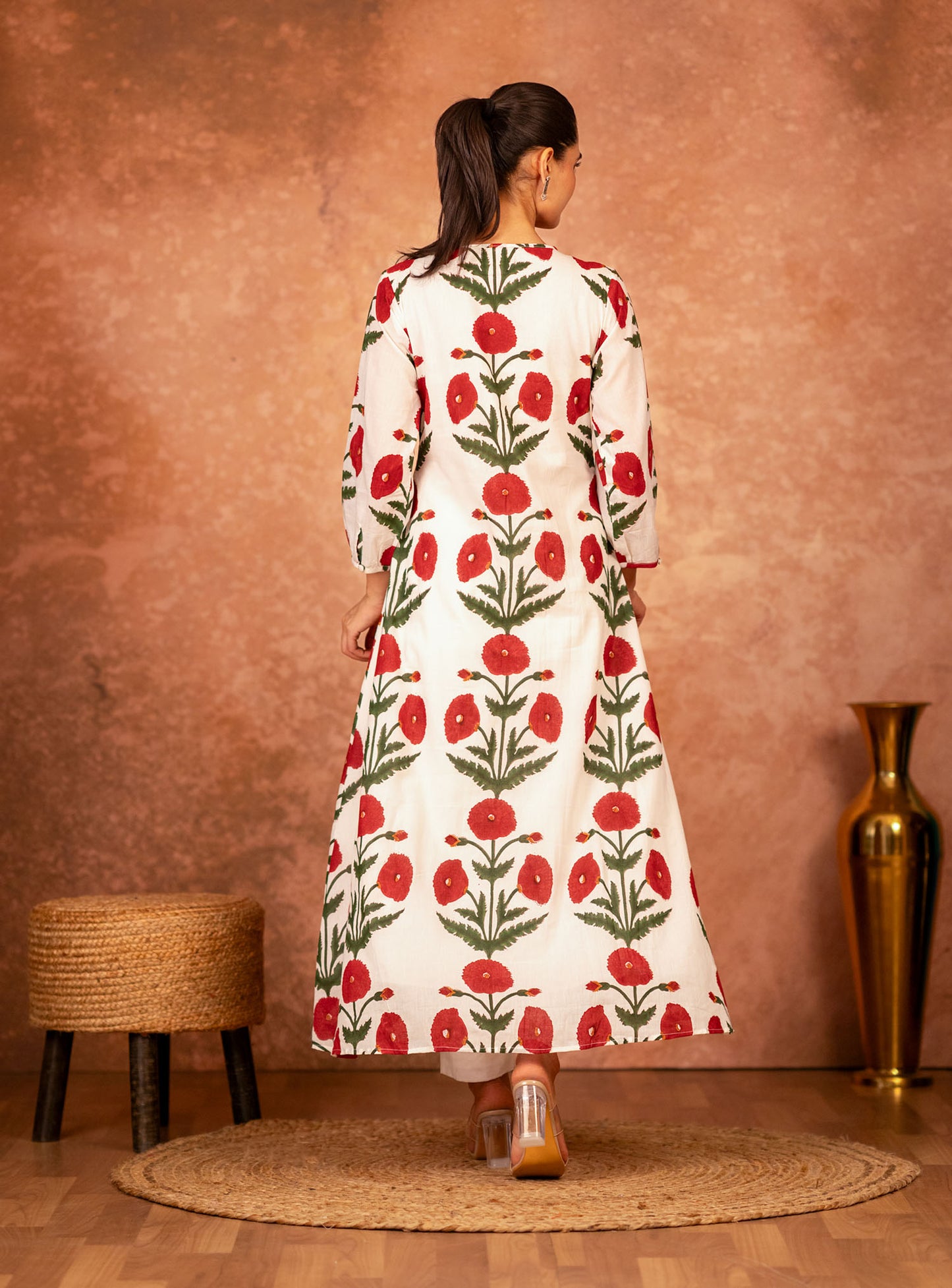 Red Rose Hand Block Printed Cotton Kurta Set