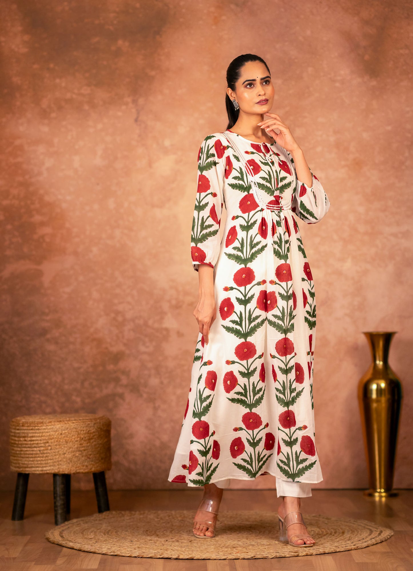 Red Rose Hand Block Printed Cotton Kurta Set
