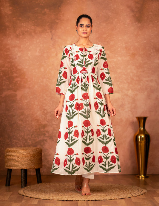 Red Rose Hand Block Printed Cotton Kurta Set