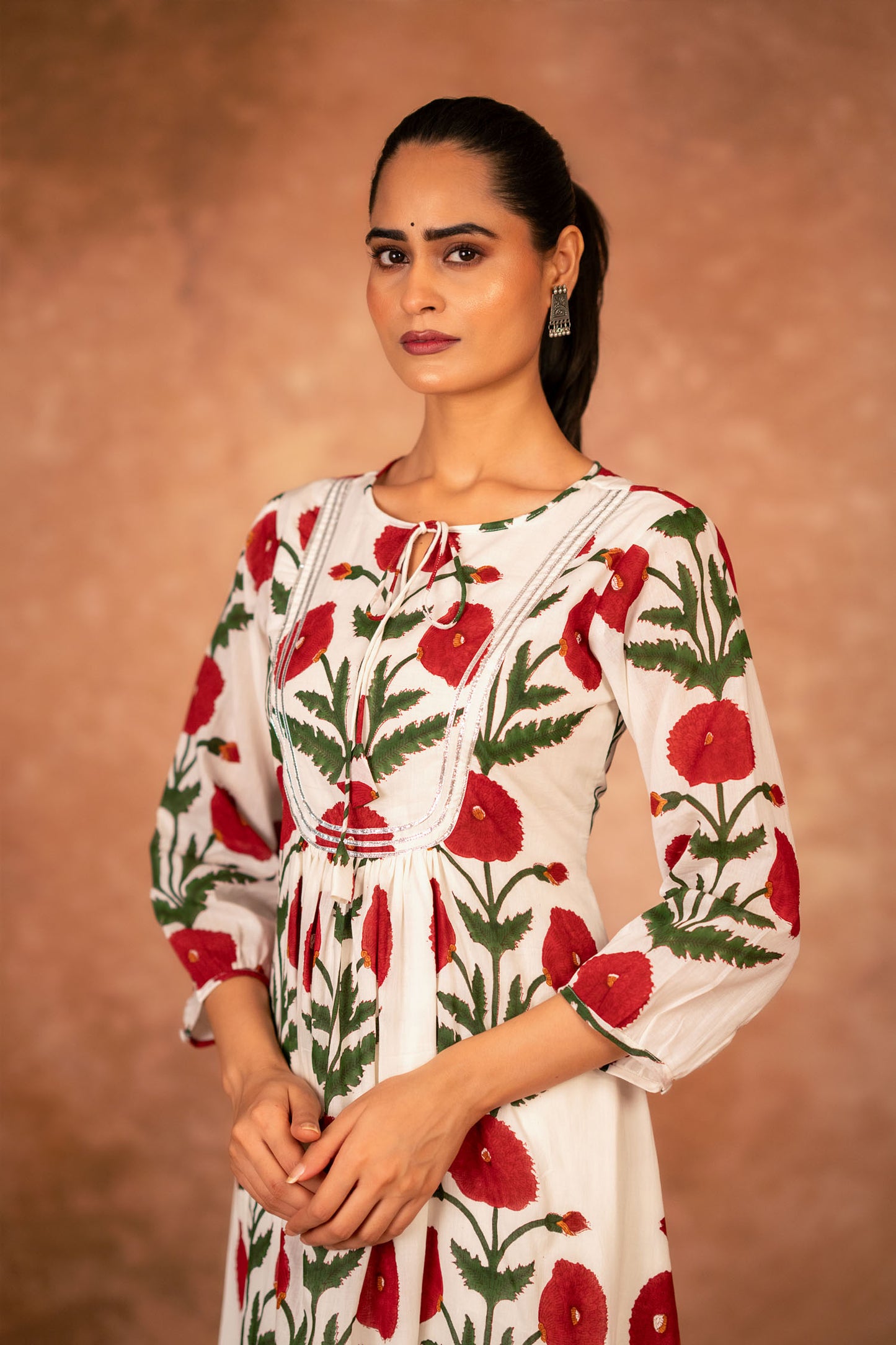 Red Rose Hand Block Printed Cotton Kurta Set