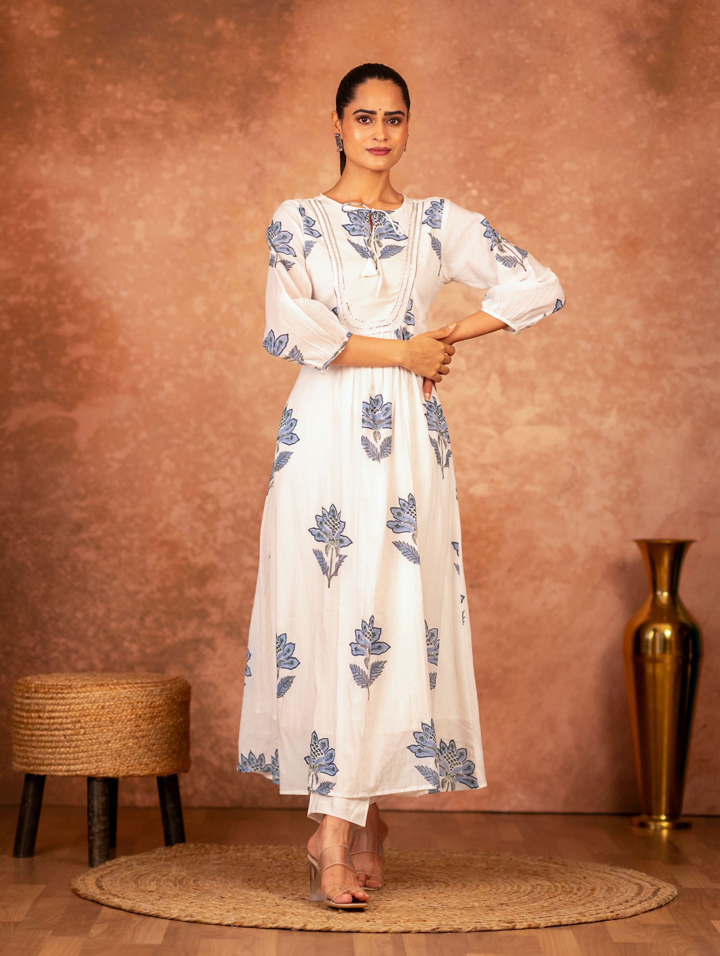 Off-White Blue Hand Block Printed Kurta set