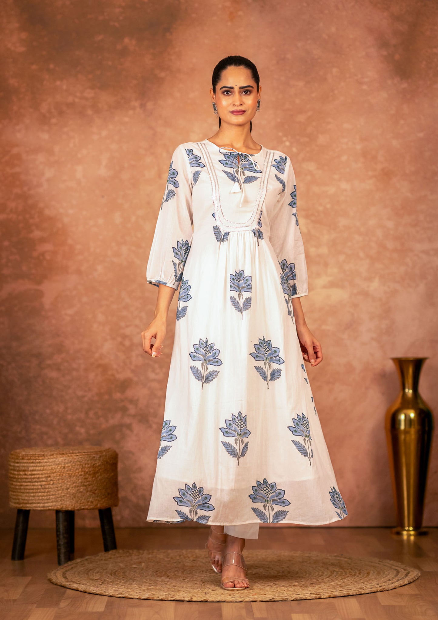 Off-White Blue Hand Block Printed Kurta set