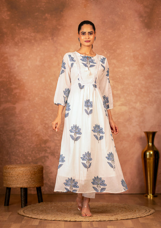 Off-White Blue Hand Block Printed Kurta set