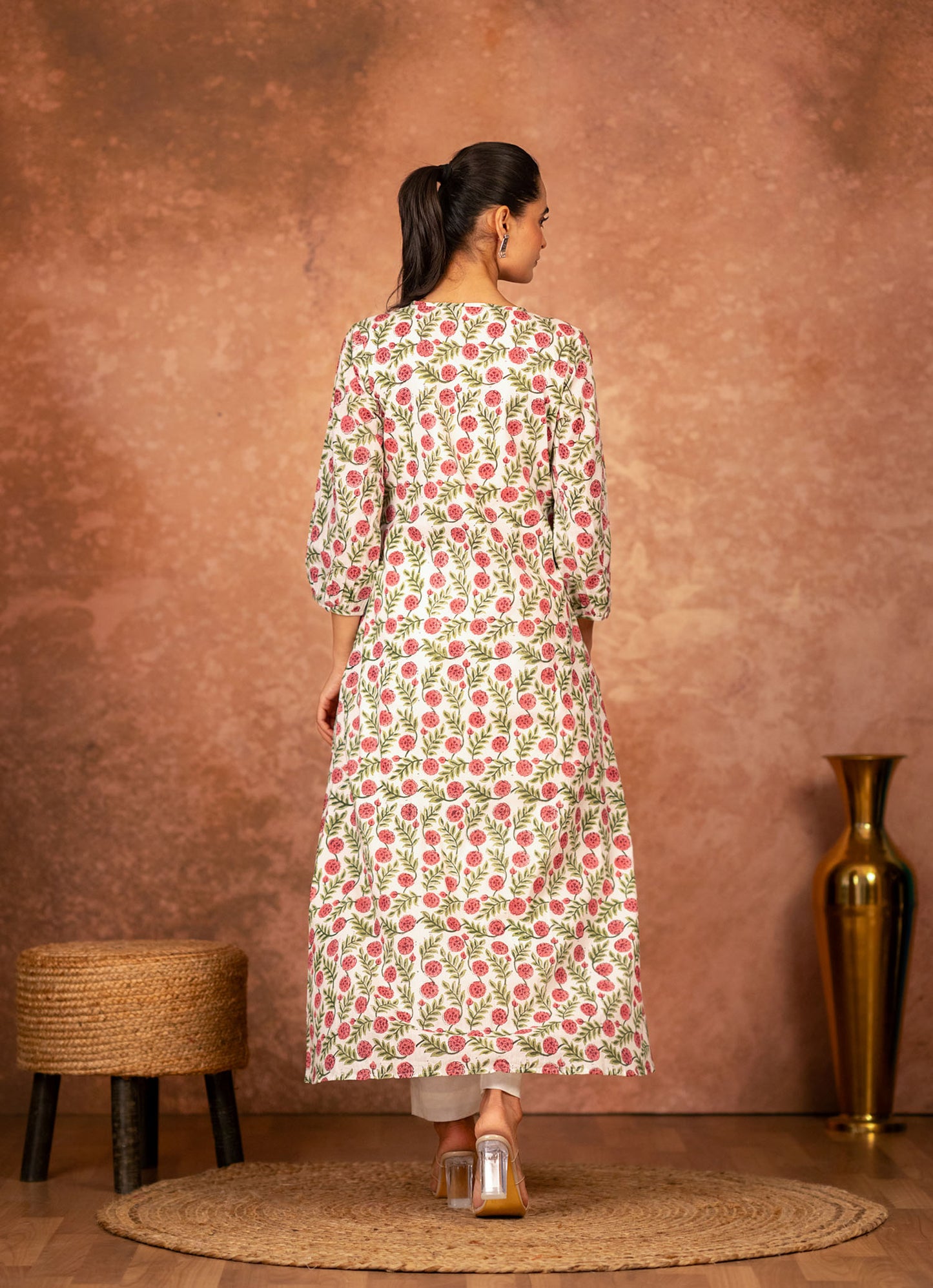 soft breathable cotton kurta red green floral block print