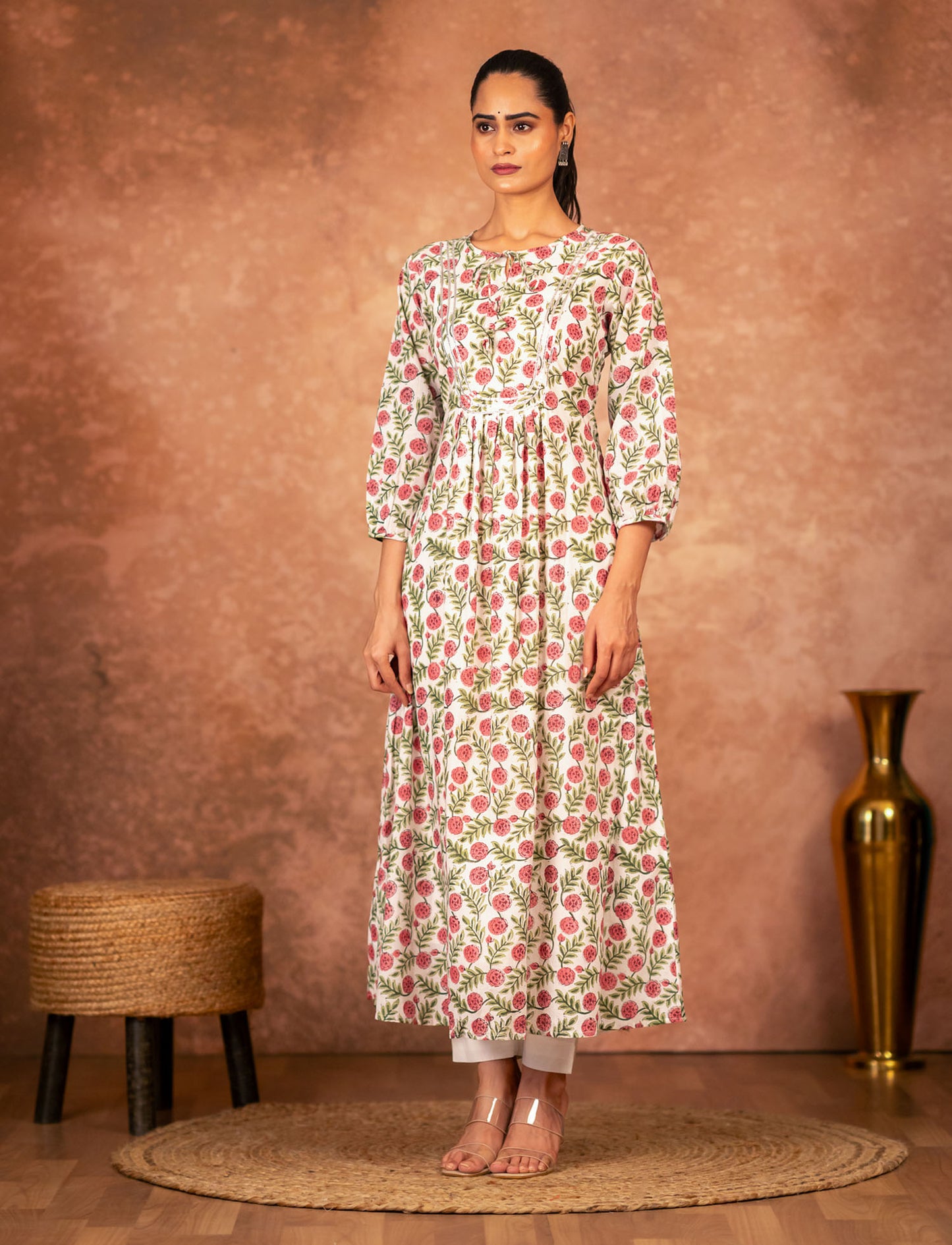 artisan hand-block floral motif red and green on kurta