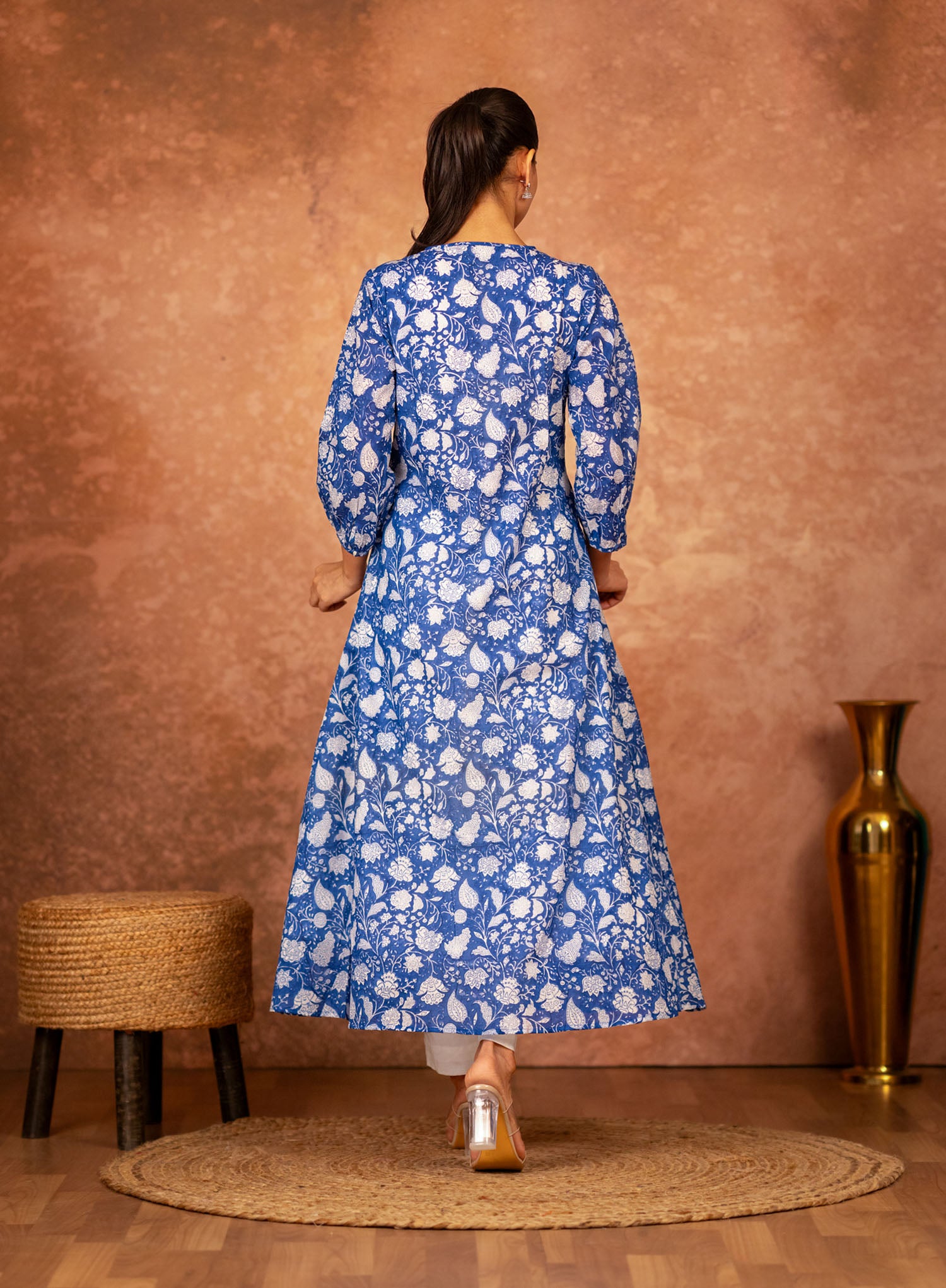 blue cotton kurta with floral hand block print