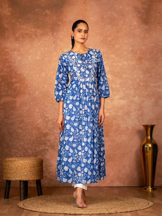 blue floral hand block cotton kurta pant set
