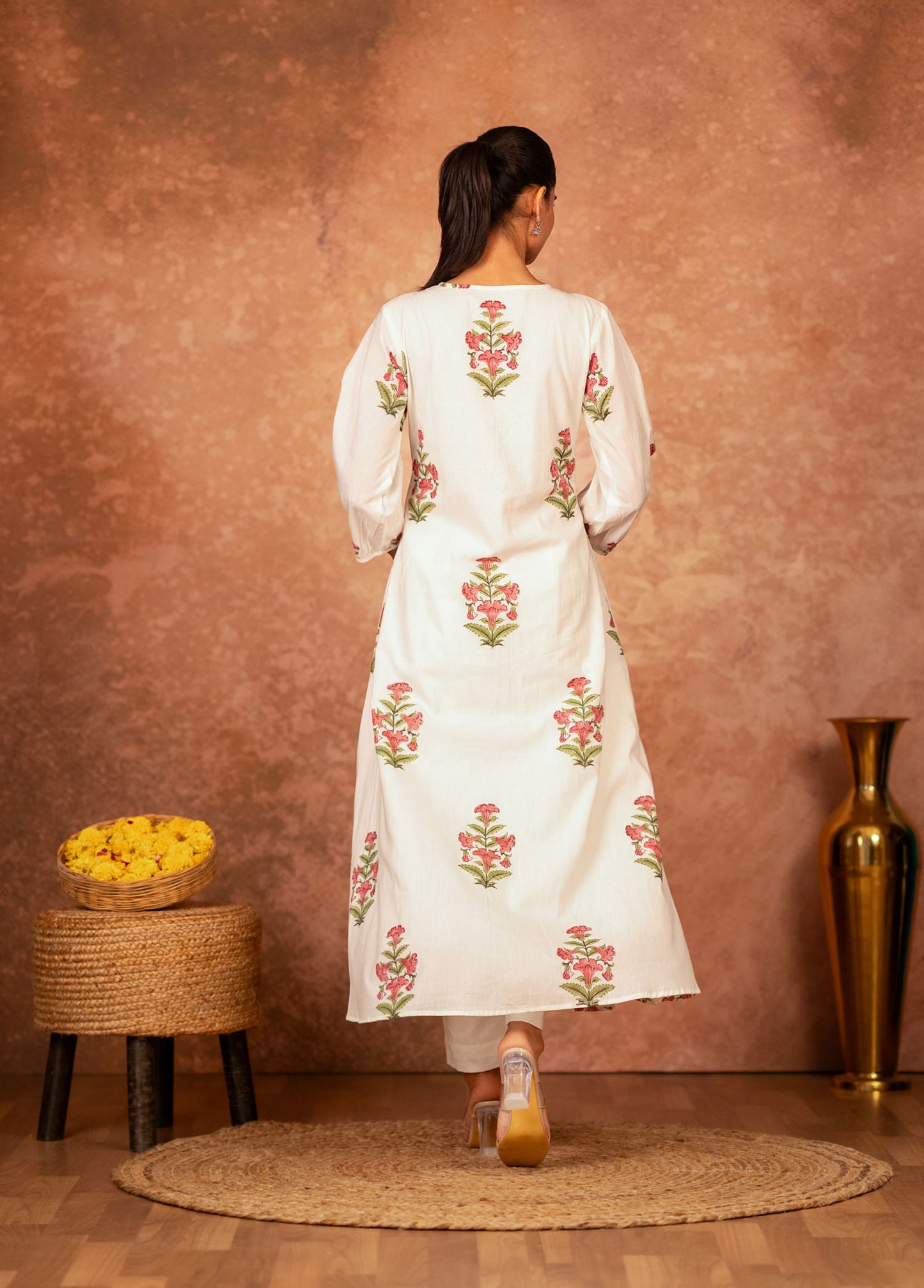 Off White Pink Hand Block Printed Cotton Kurta Pant Set