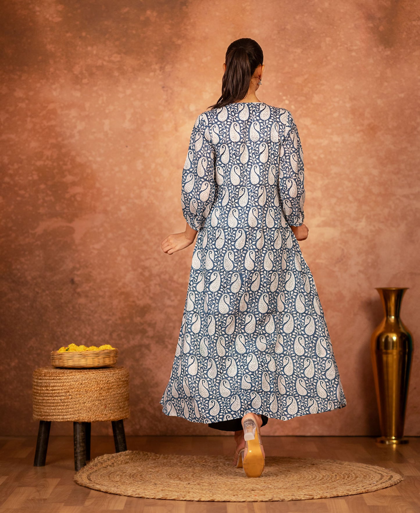 Blue Black Hand Block Printed Cotton Kurta Pant Set