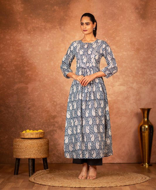 black and blue cotton kurta with hand block print