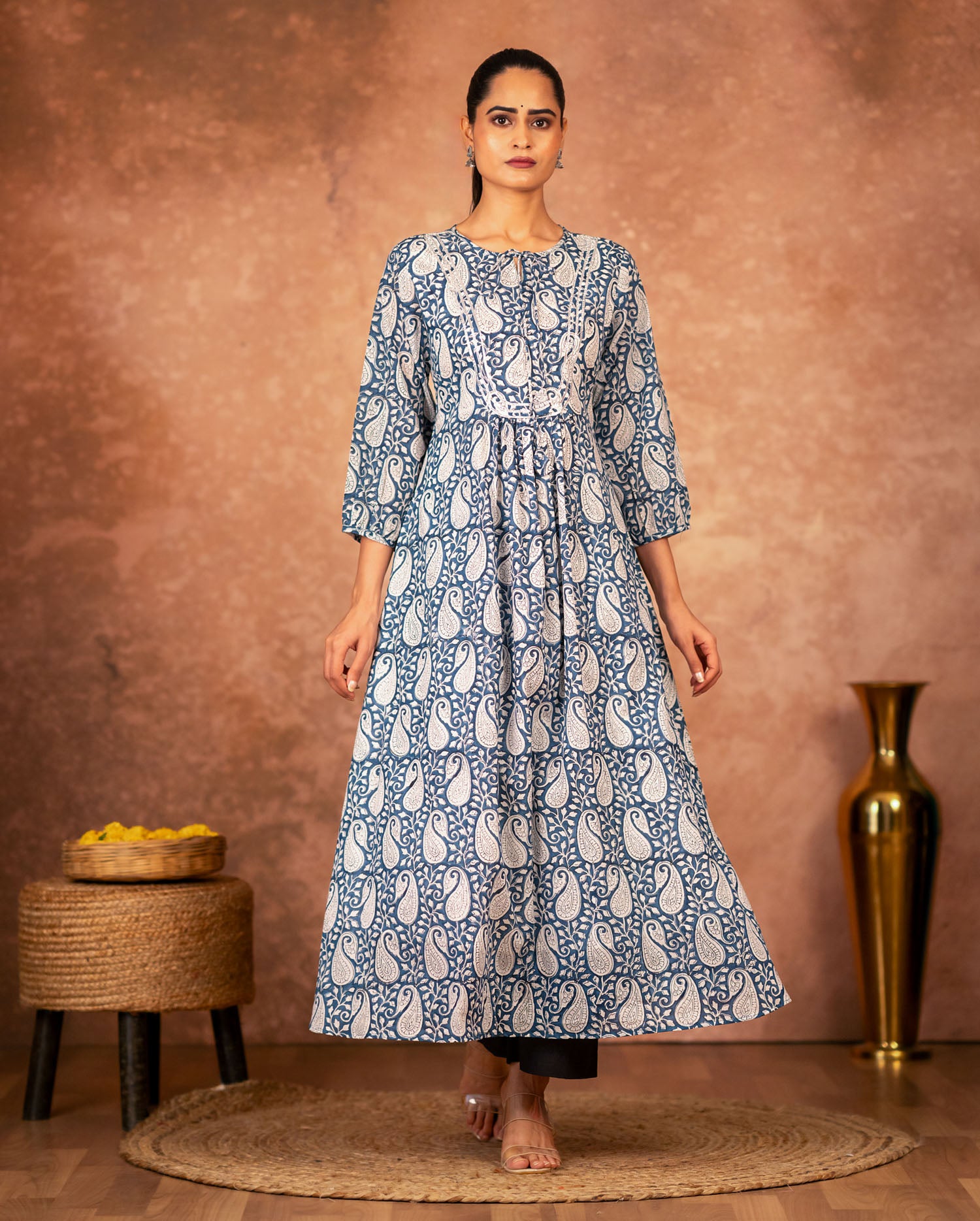 traditional hand-block printed cotton pant in blue and black