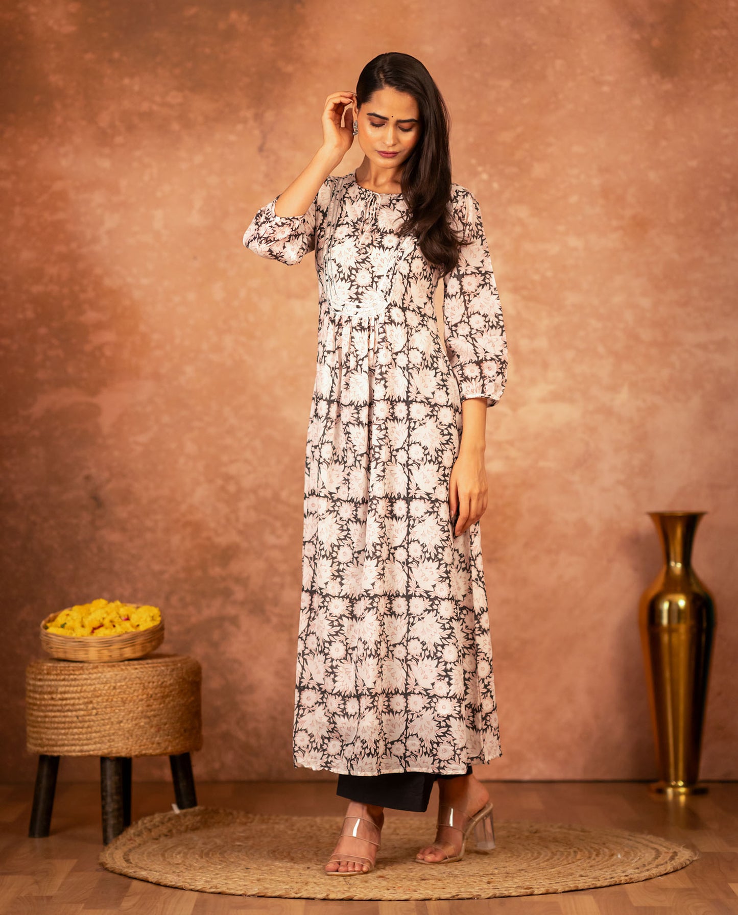 women’s black cotton kurta palazzo with artisan block print