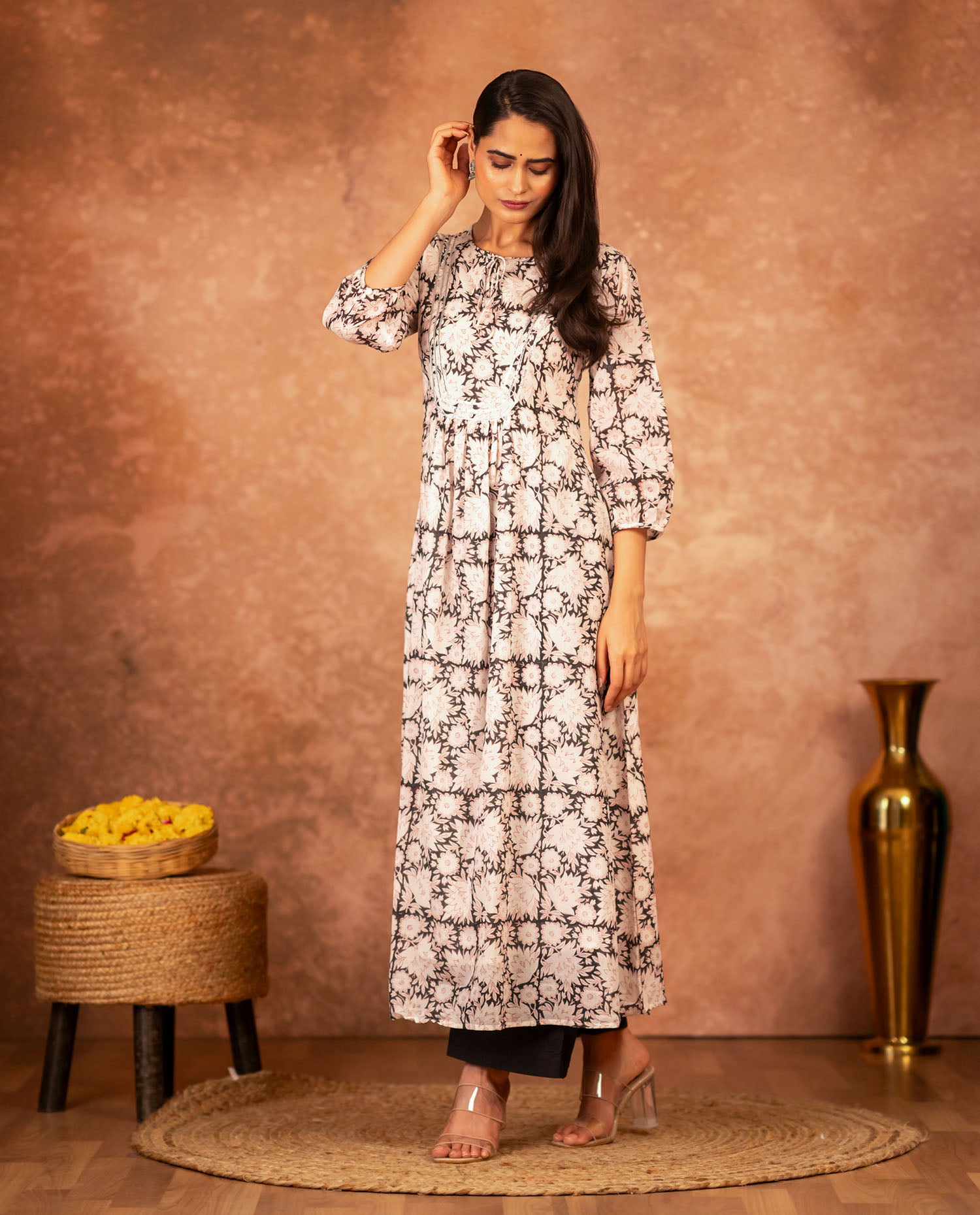 women’s black cotton kurta palazzo with artisan block print