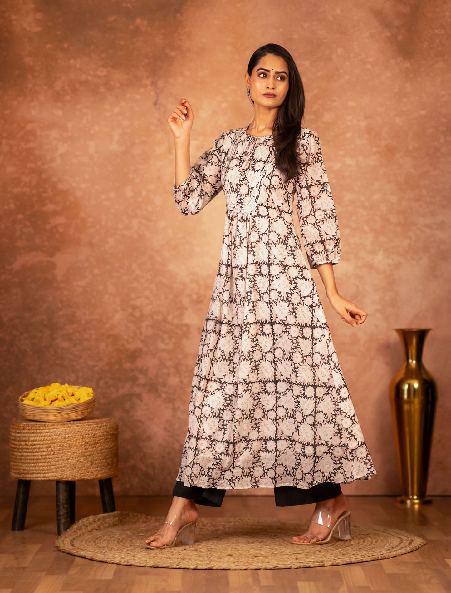 Black Hand Block Printed Cotton Kurta Palazzo Set
