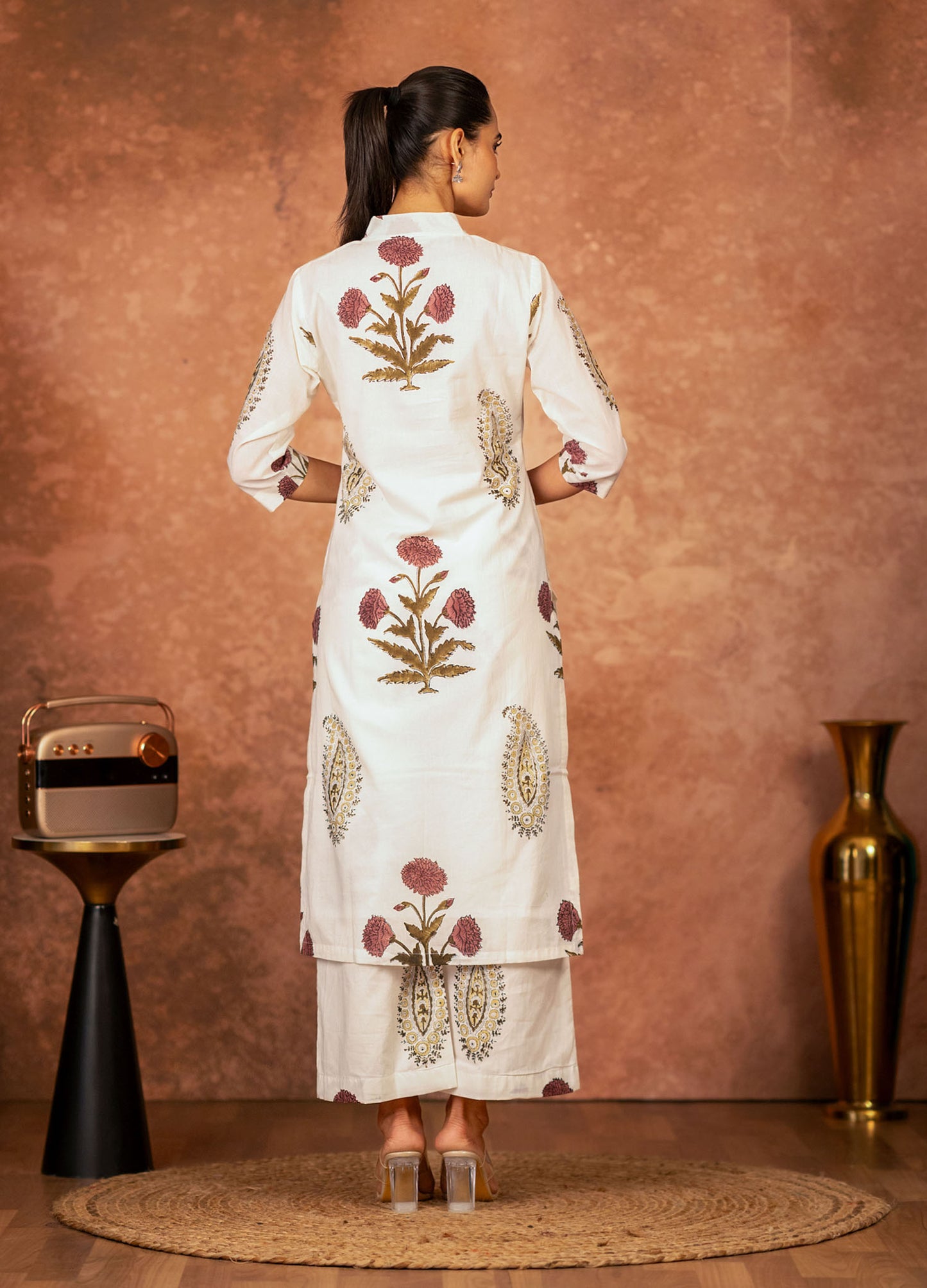 ethnic two piece cotton set off white kurta and red palazzo