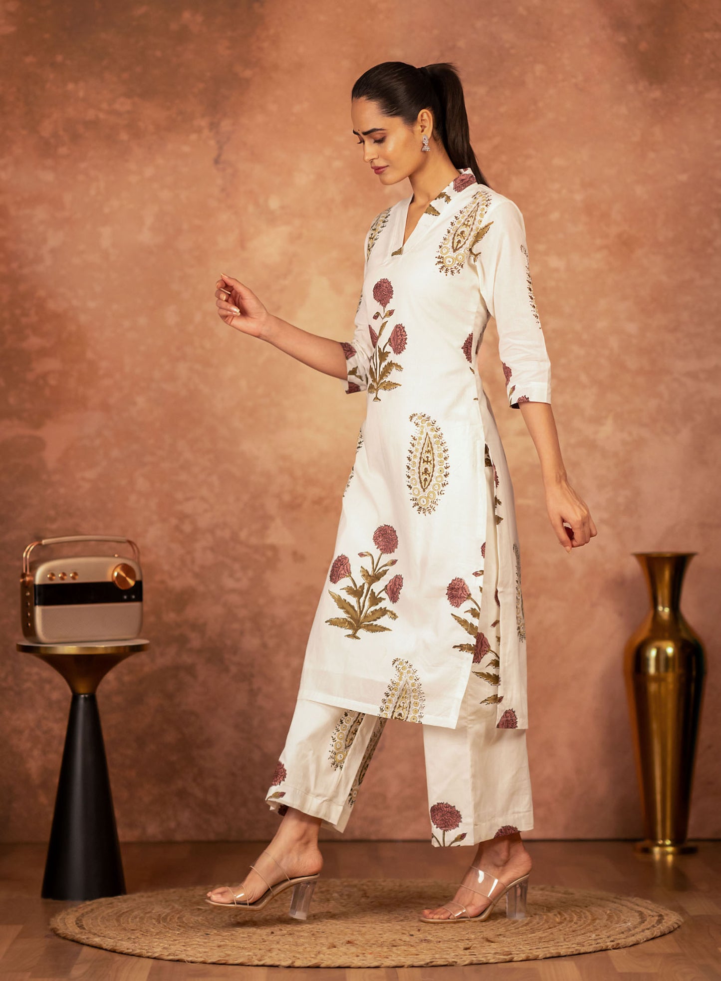 red floral hand block print palazzo on off white cotton