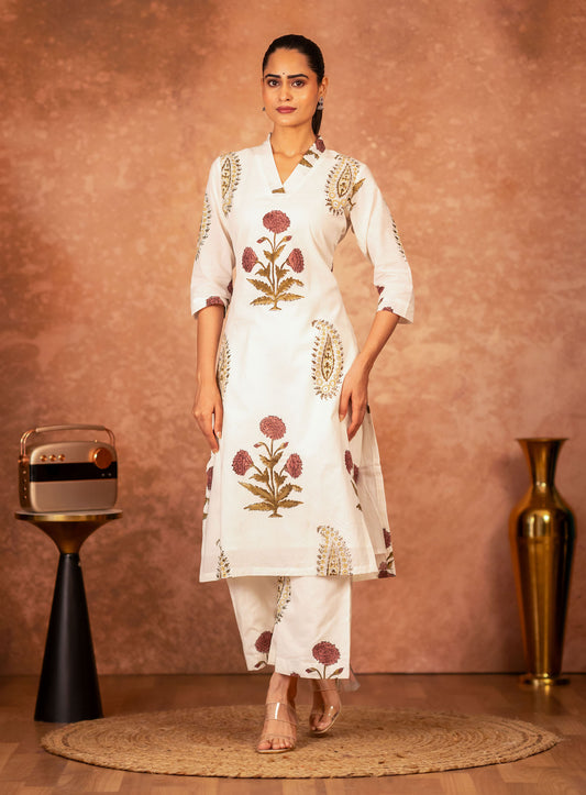 off white cotton kurta with red floral hand block print