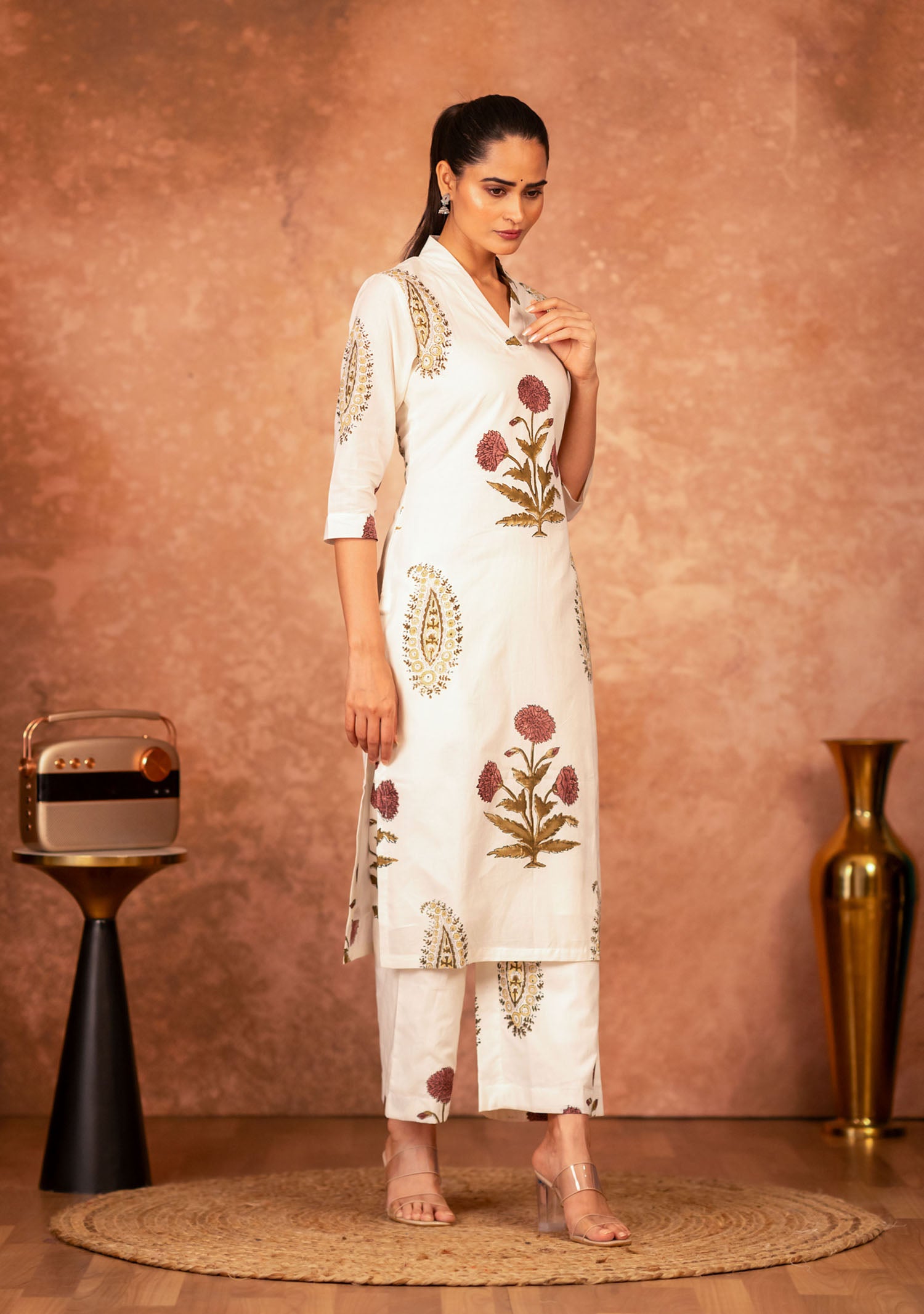 women’s off white red hand-block cotton kurta palazzo set