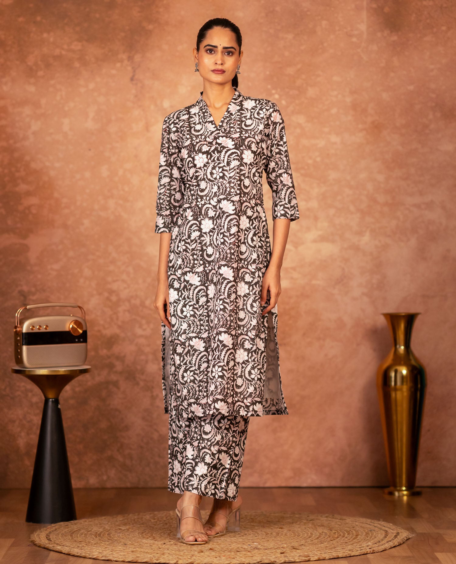 hand block printed black kurta palazzo set