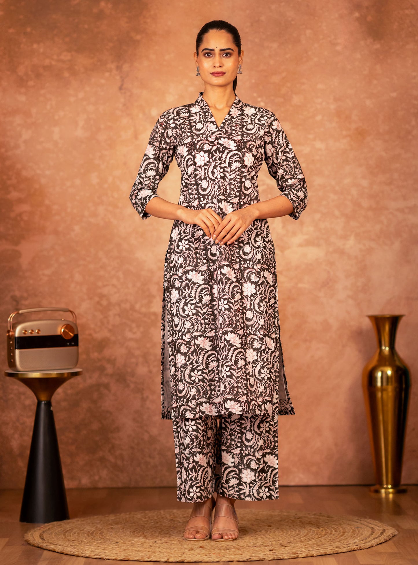 black cotton kurta with floral hand block print