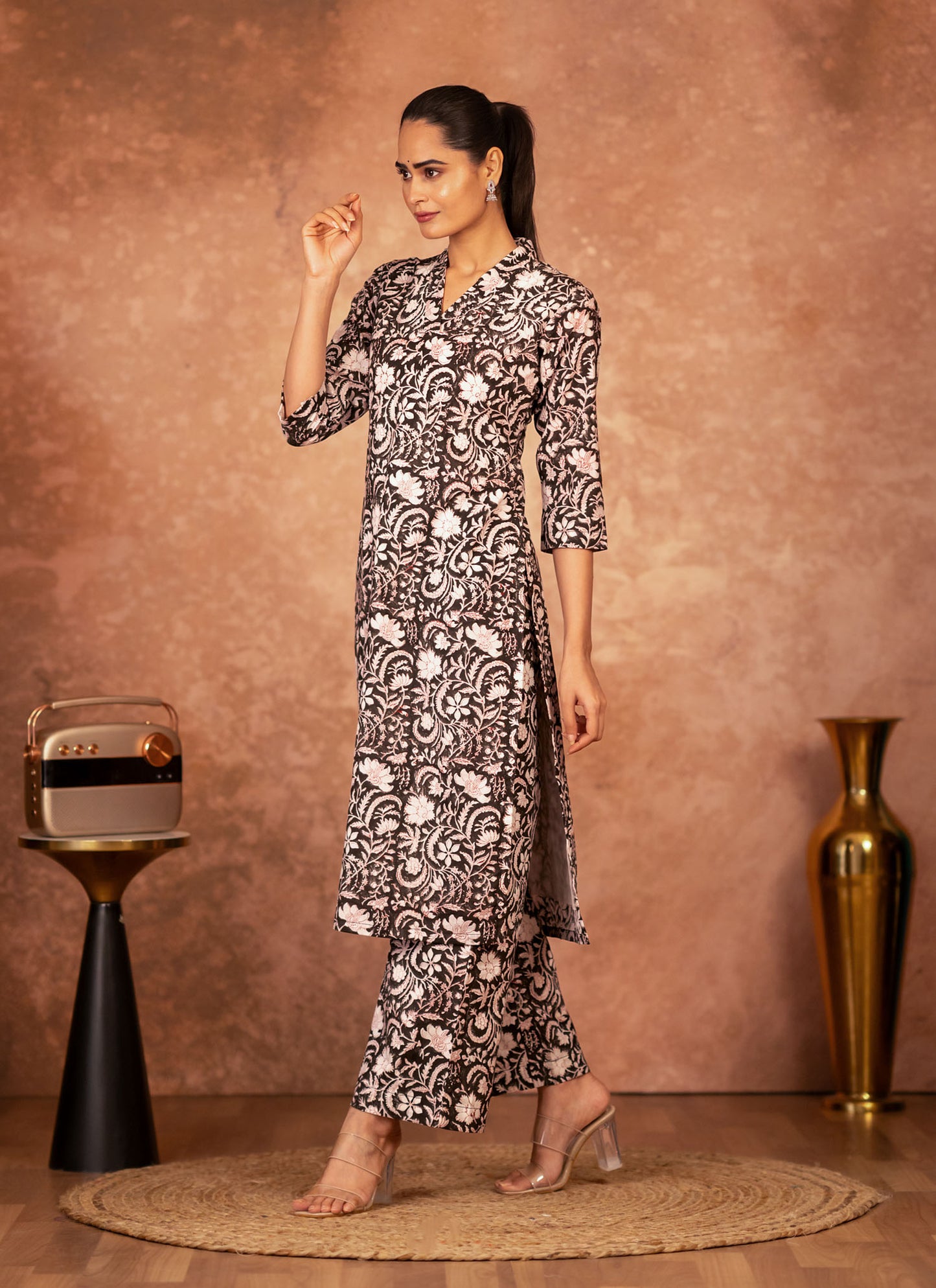 women’s black cotton kurta palazzo hand-printed design