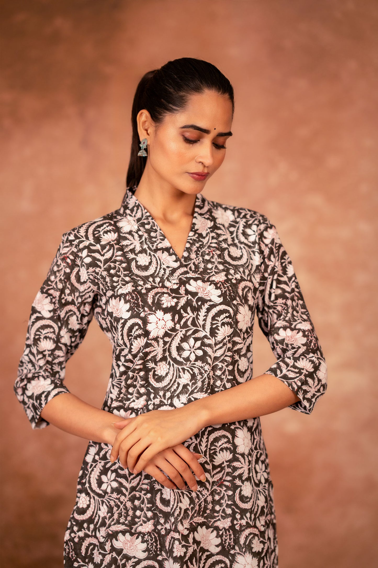 Black Hand Block Floral Printed Cotton Kurta Palazzo Set