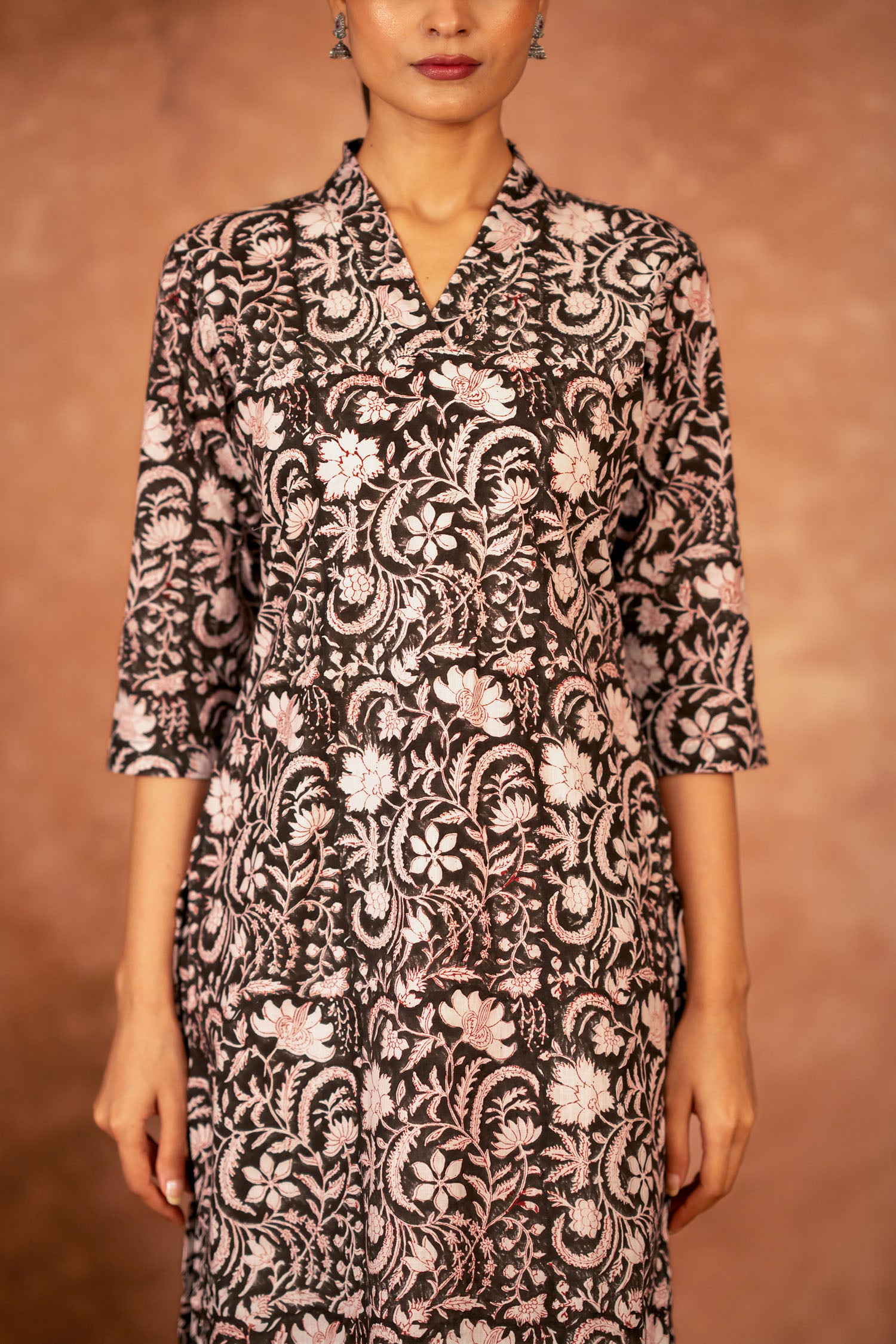 close up of black floral hand-block print on cotton fabric