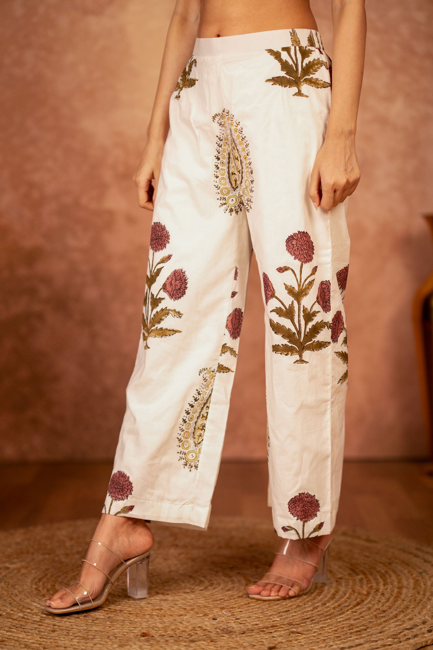 red floral hand block print palazzo on off white cotton