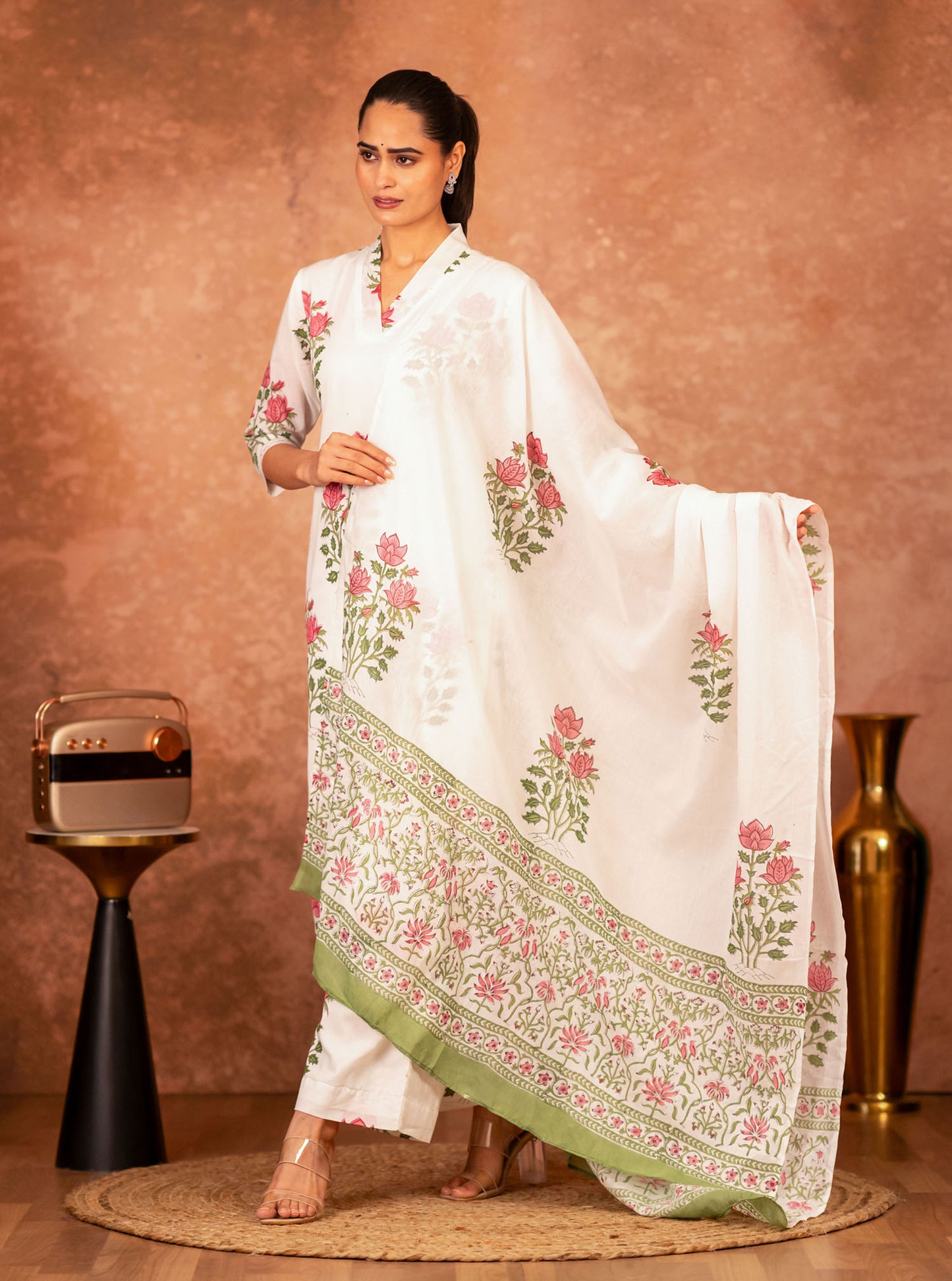 red and green floral hand block print dupatta on off white cotton