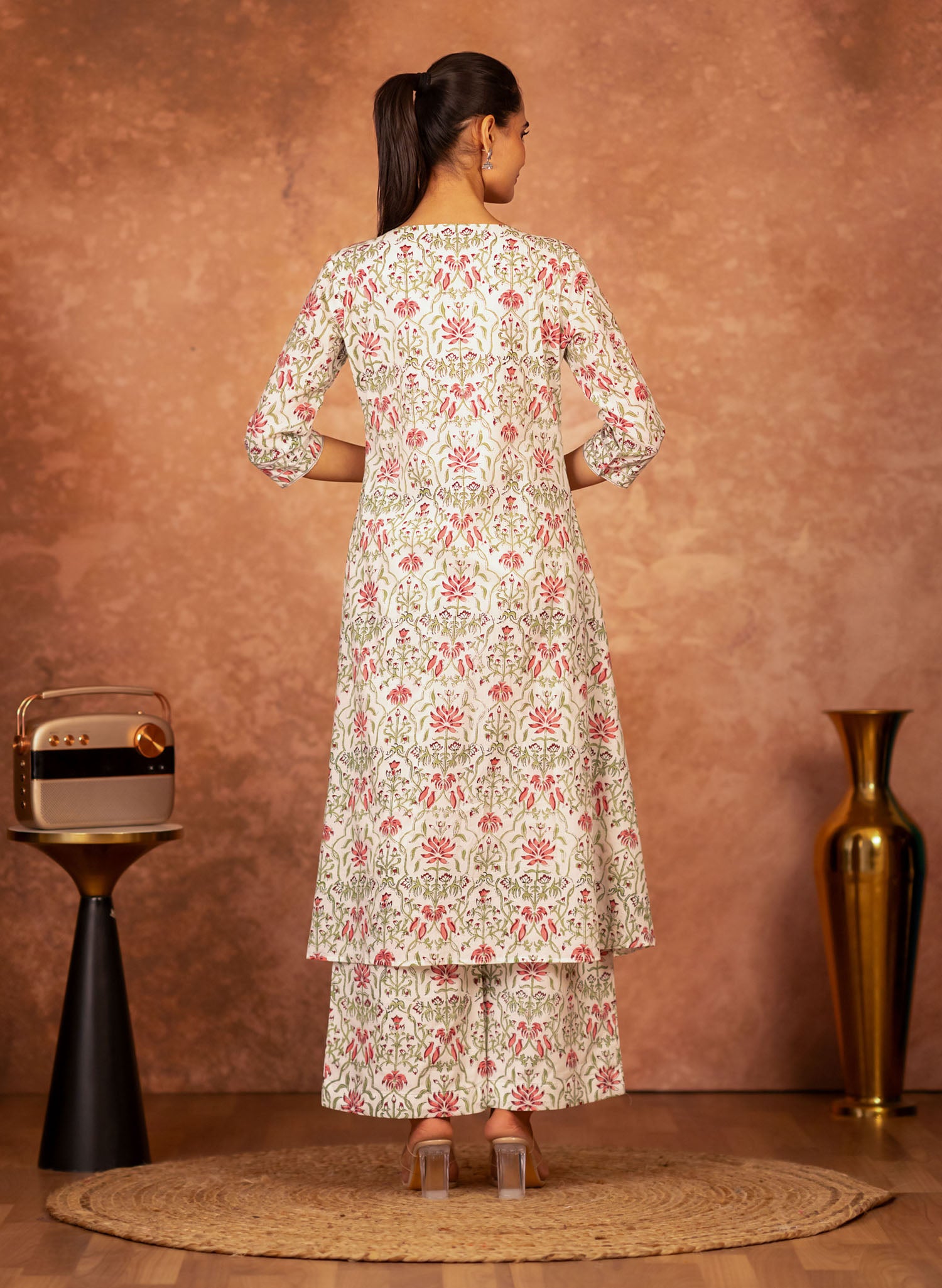 soft breathable green cotton bottom with floral block print