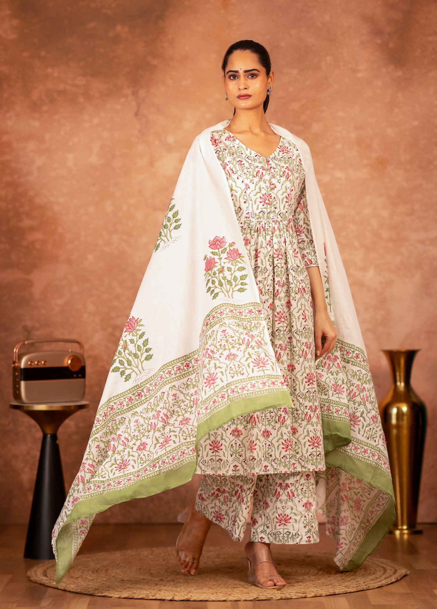 3 piece green pink hand block printed cotton suit set